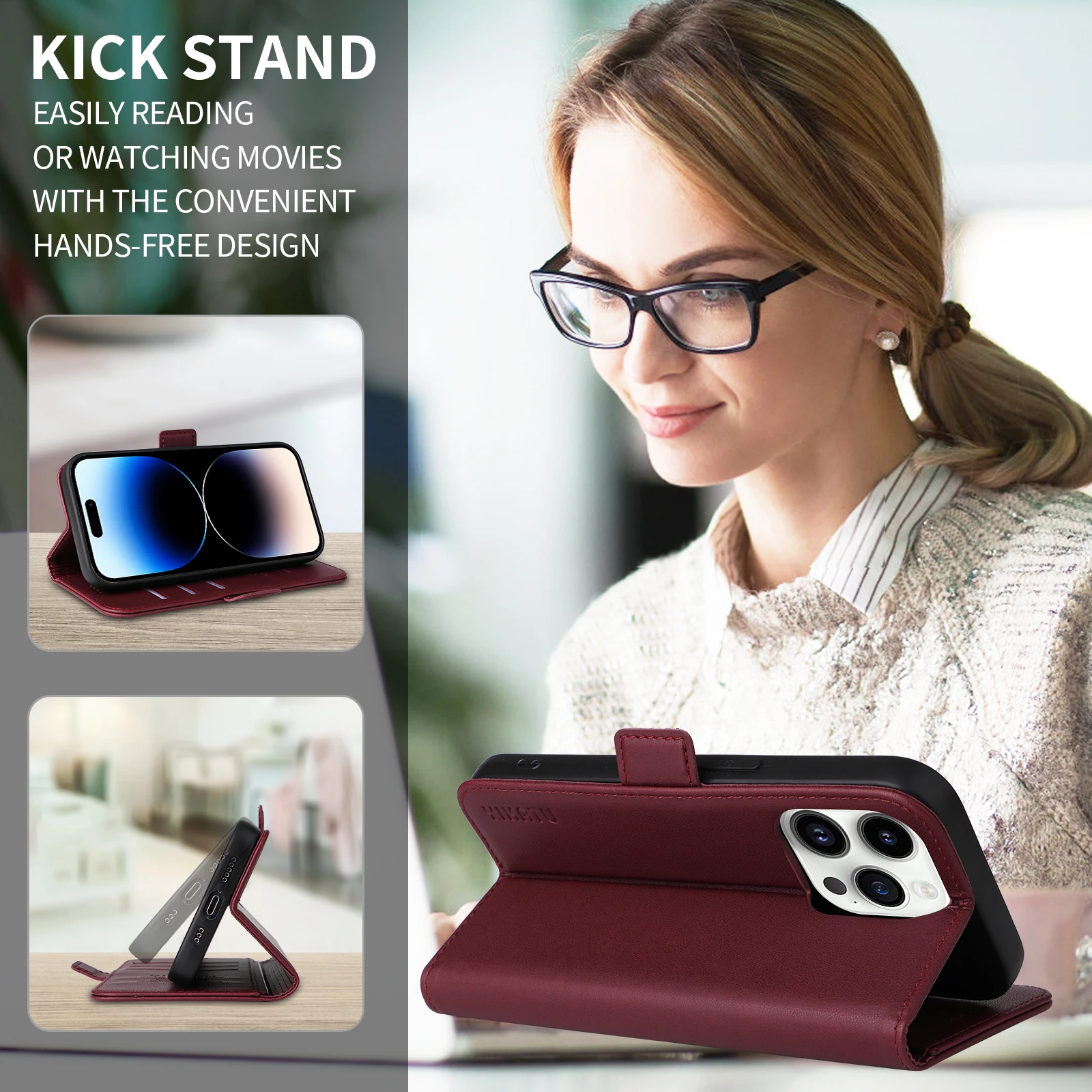 Leather Wallet Phone Case with Card Slots and Magnetic Closure