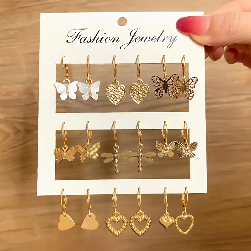 Dangle Earrings 9 Pairs/ Set Exquisite Butterfly Heart Dragonfly Design Simple Vacation Style Delicate Holiday Earrings