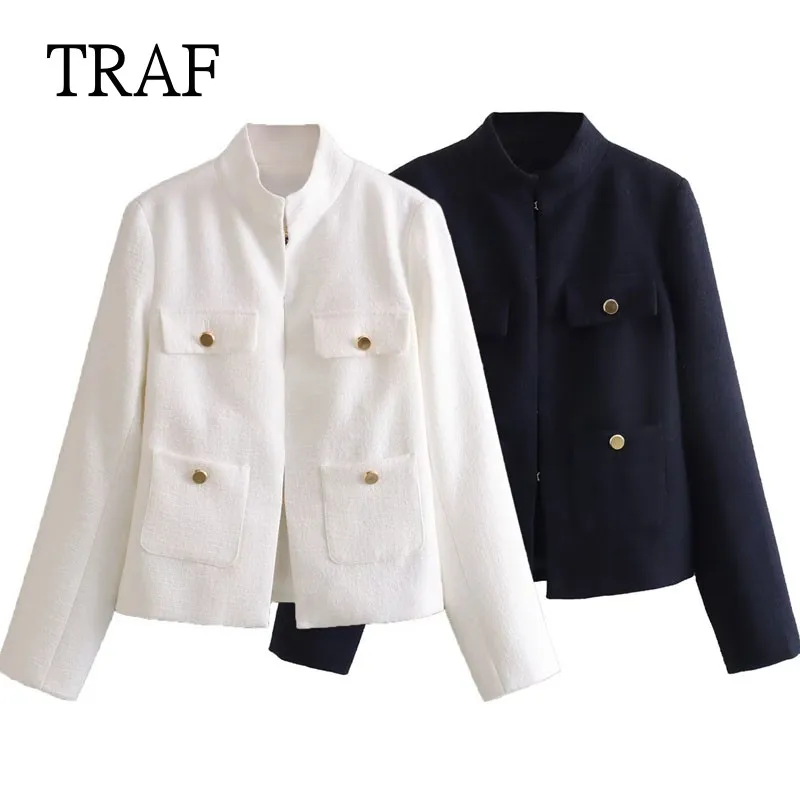 

TRAF Short White Blazers Coat 2023 Autumn Vintage Tweed Jacket Long Sleeve Loose Black Jacket Female Outerwear Pocket Chic Tops