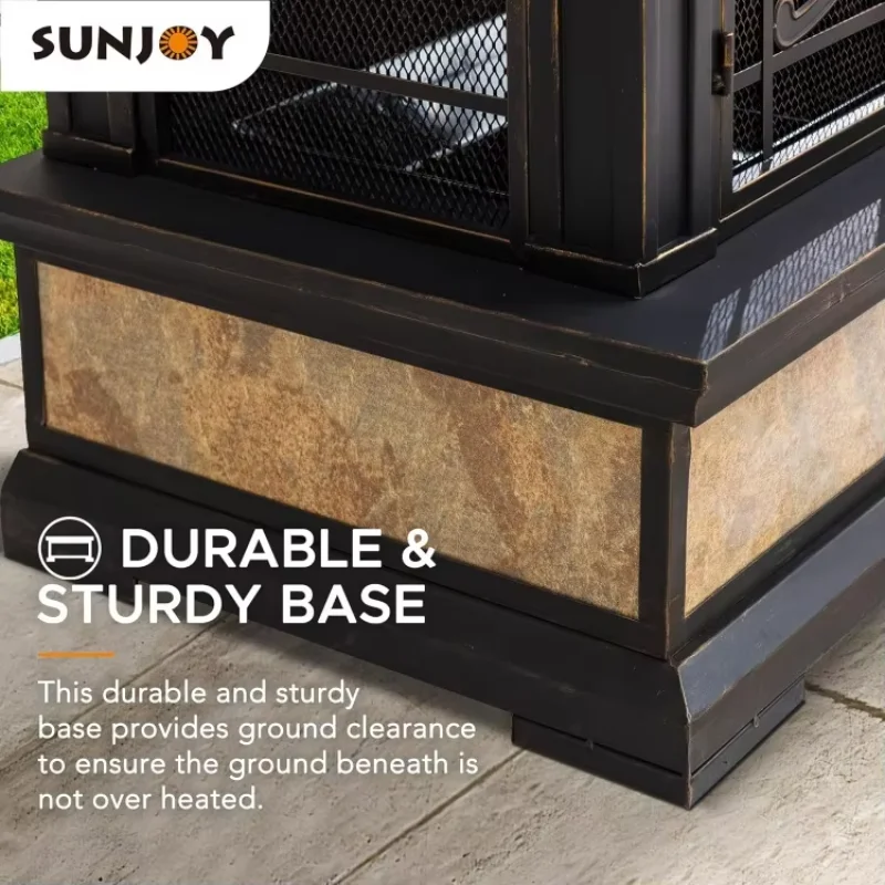 Smith Collection Patio Wood Burning Steel Fireplace with Chimney, Outdoor Fireplace, Spark Screen, Fire Poker, and Removable 5
