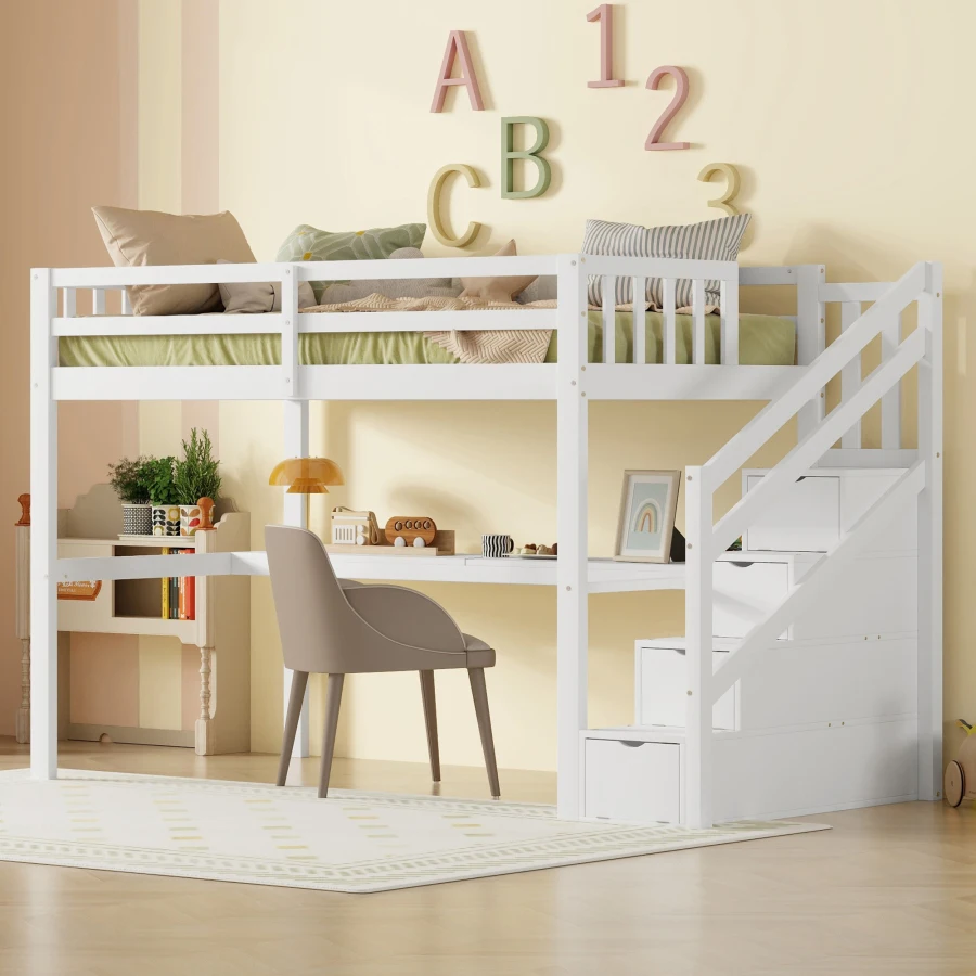 Letto A Soppalco 90x200cm Per Bambini - Con Scala E Ripiano, Bianco E Naturale - Foto 3