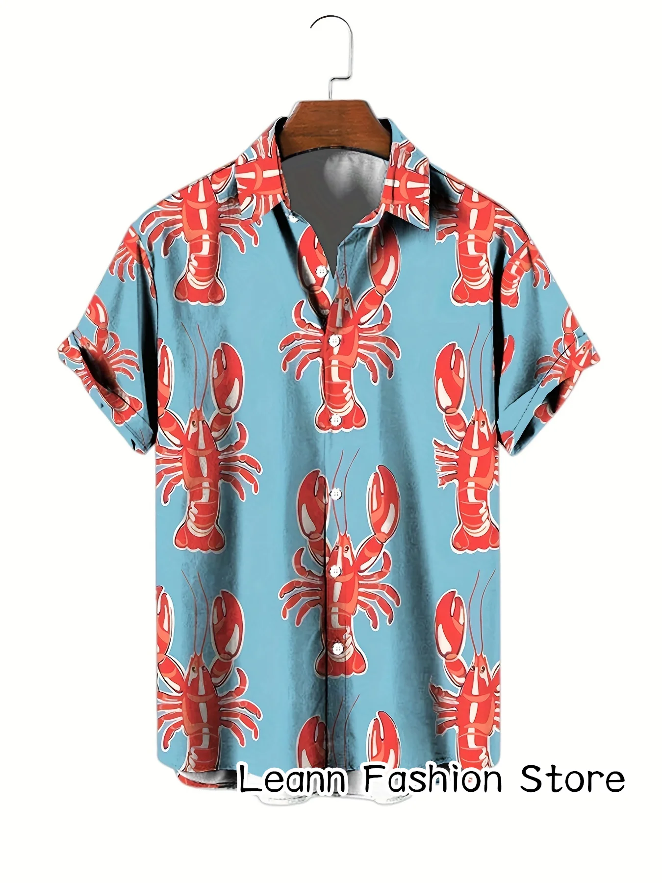 Men Summer Fashion Beach Shirt Crab Lobster Printing Shirt Leisure Shirt Casual Hawaiian Vacation Short Sleeve Clothing