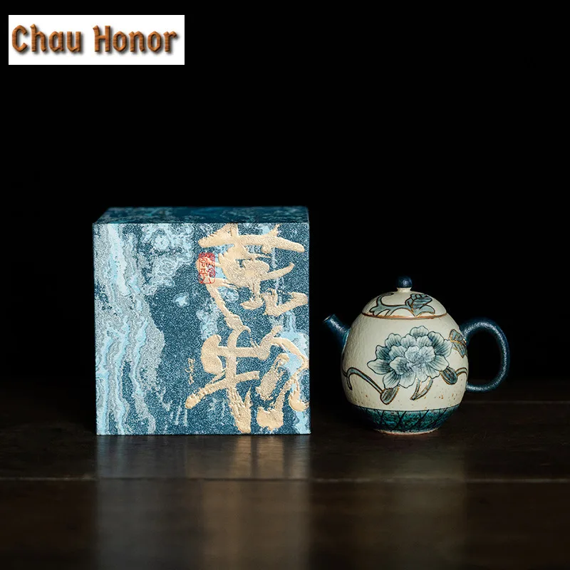 160ml Blue And White Flint Red Teapot Handmade Gold Drawing Peony Flower Pot Tea Maker Egg Shape Kettle Chinese Tea Set Ornament