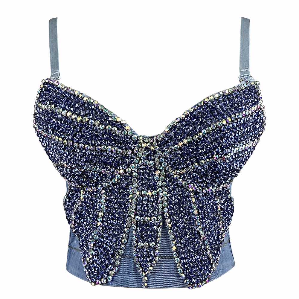 

Women Summer Denim Camisole Corset Bra Blue Crystal Diamonds Beading Studded Tops Sexy Shirts High Street Club Party Tank Tops