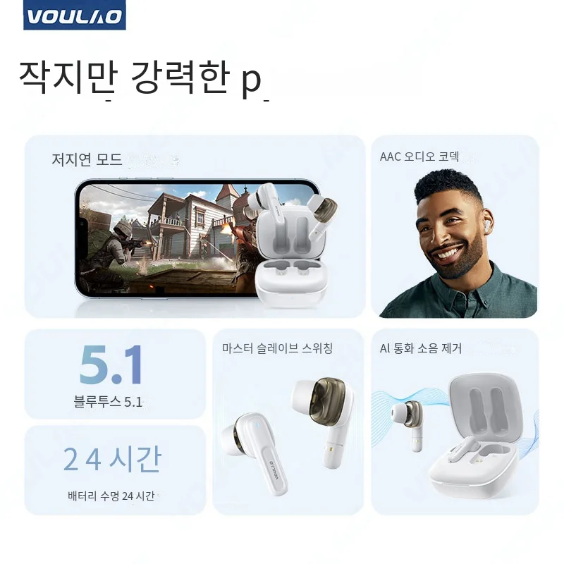 VOULAO-스포츠 무선 헤드폰 블루투스 5.1 이어폰, HiFi 9D 스테레오 방수 이어 후크 이어 버드 소음 감소 헤드셋