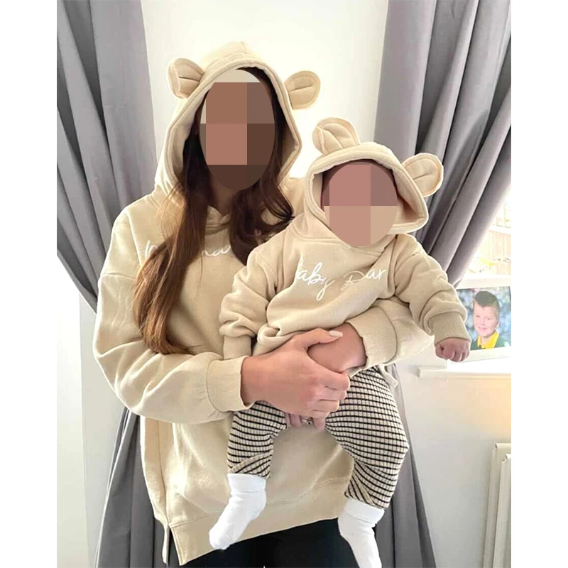 2025 Custom Family Match Mom Kids Bear Hooded Sweatshirt Fleece Spring Warm Clothes Baby Boys Girls Thick Personalized Tracksuit 3