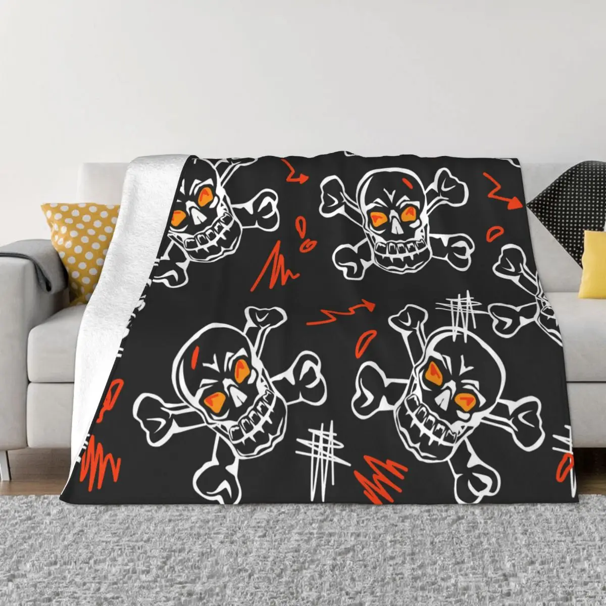 

Blanket Flannel Decoration Skulls Red Doodle Portable Home Bedspread