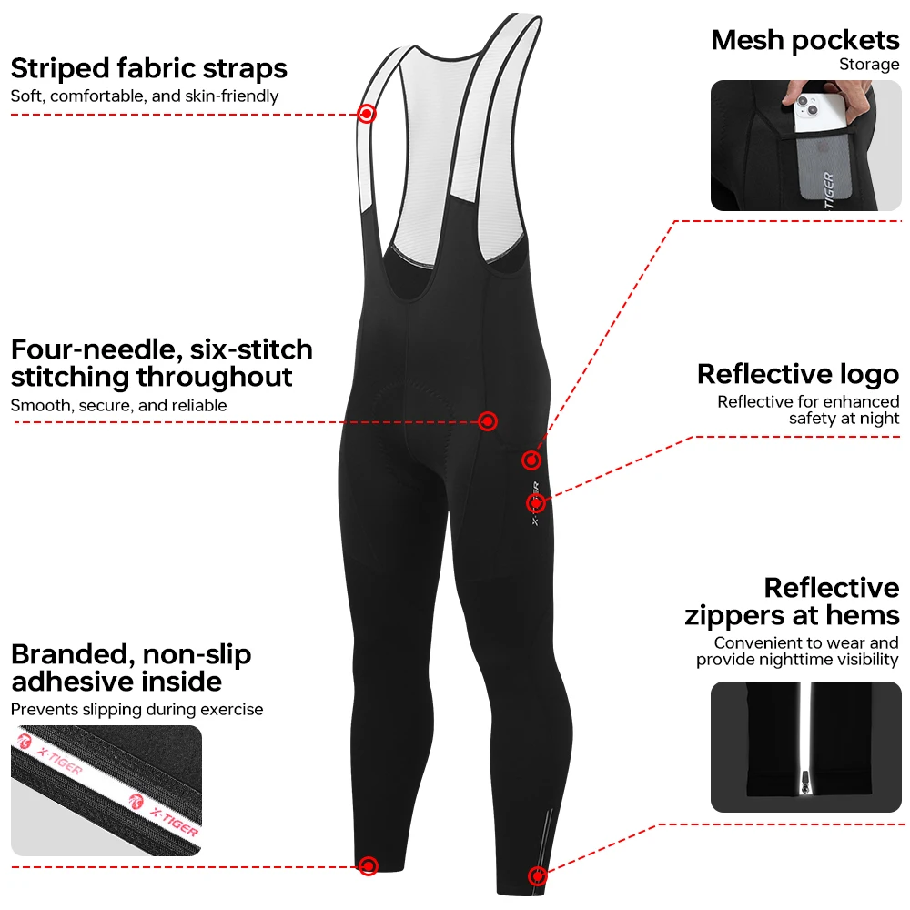 Winter Men's Cycling Trousers X-TIGER Mountain Bike Long Pants 5D Gel Pad Cycling Bib Pants Keep Warm Bicycle Tights