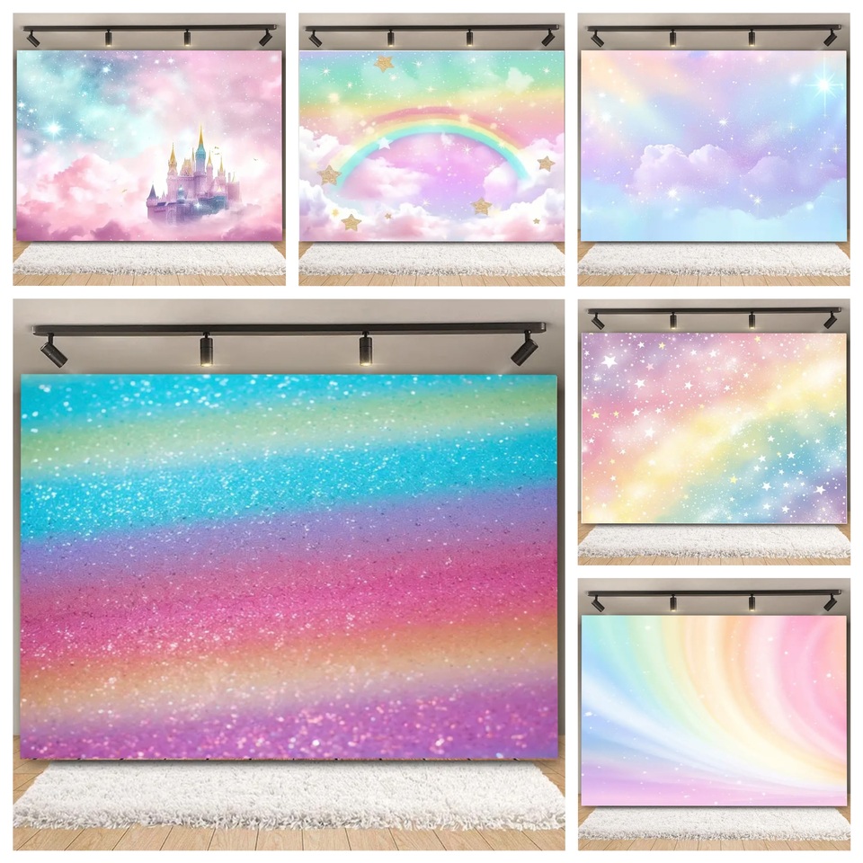Colorful Sky Rainbow Cloud Castle Backdrop Gold Glitter Star Baby Shower Kids Girls Children's Birthday Party Backgrounds Decor