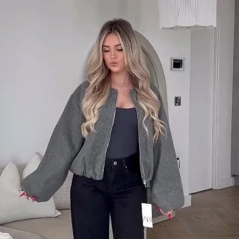 Retro Solid Woolen Women's Bomber Jacket Long Lantern Sleeves Pockets O-neck Loose Female Coat Autumn High Street Outwears
