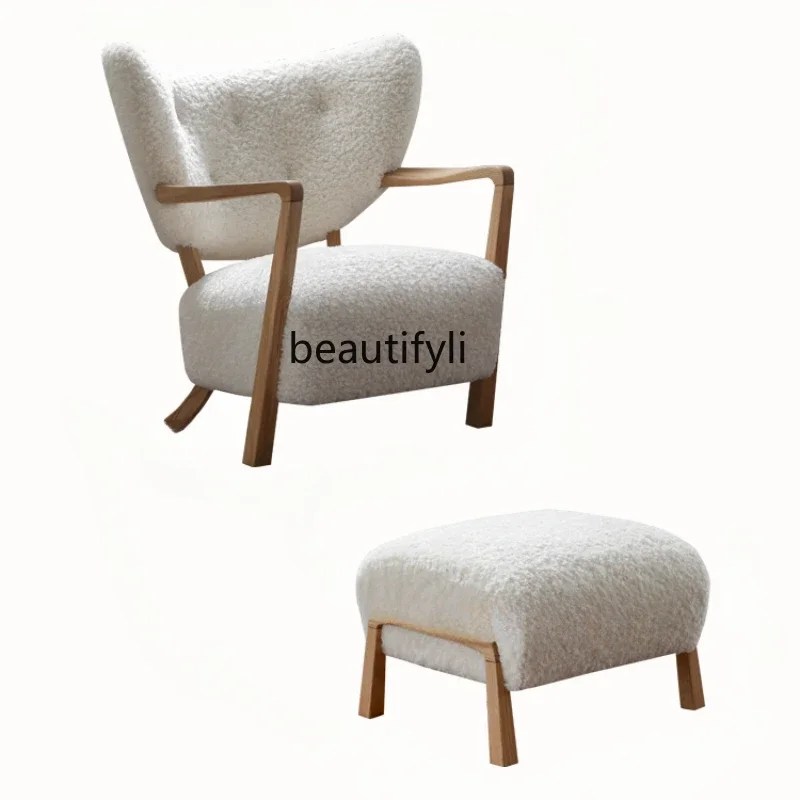 

Designer Chinese Style Single-Seat Sofa Chair North American White Oak Double Armrest Lamb Wool Sofa Chair