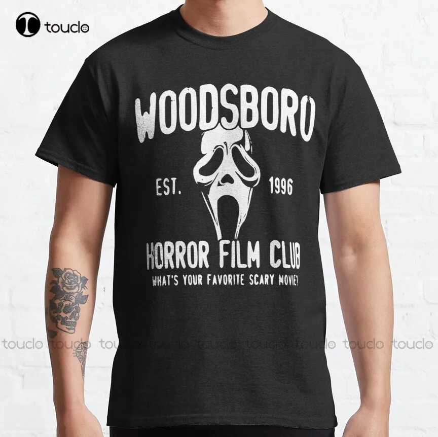 

Классическая футболка Woodsboro с изображением фильма ужасов, Клубная футболка с инопланетянином, индивидуальная футболка Aldult для подростков, унисекс, футболка с цифровой печатью, модная забавная Новинка