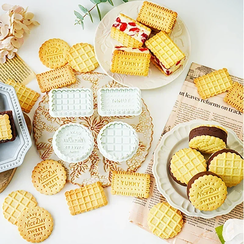 Waffle Pattern Plunger Cutter Round Square Shape Biscuit Cookie Cake Mold Dessert Pastry Cutter Mold Baking Tools 3/4Pcs set cookie cutter baking mold cookie mould