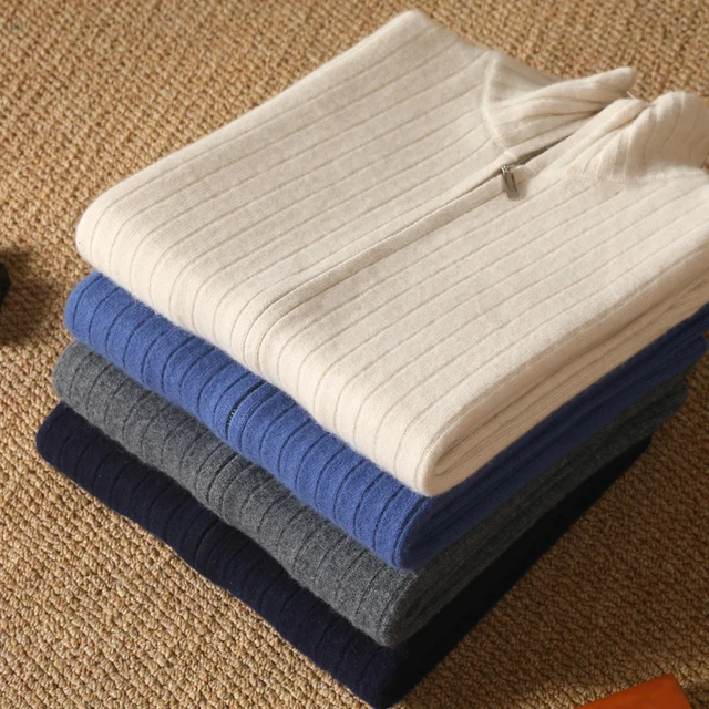 Cardigan Épais avec Fermeture Éclair pour Homme, 100% Laine, Tricot, Col Haut, Haut Large Rayé, Manteau Chaud, Mode Mérinos, Automne et Hiver, Nouveau 6