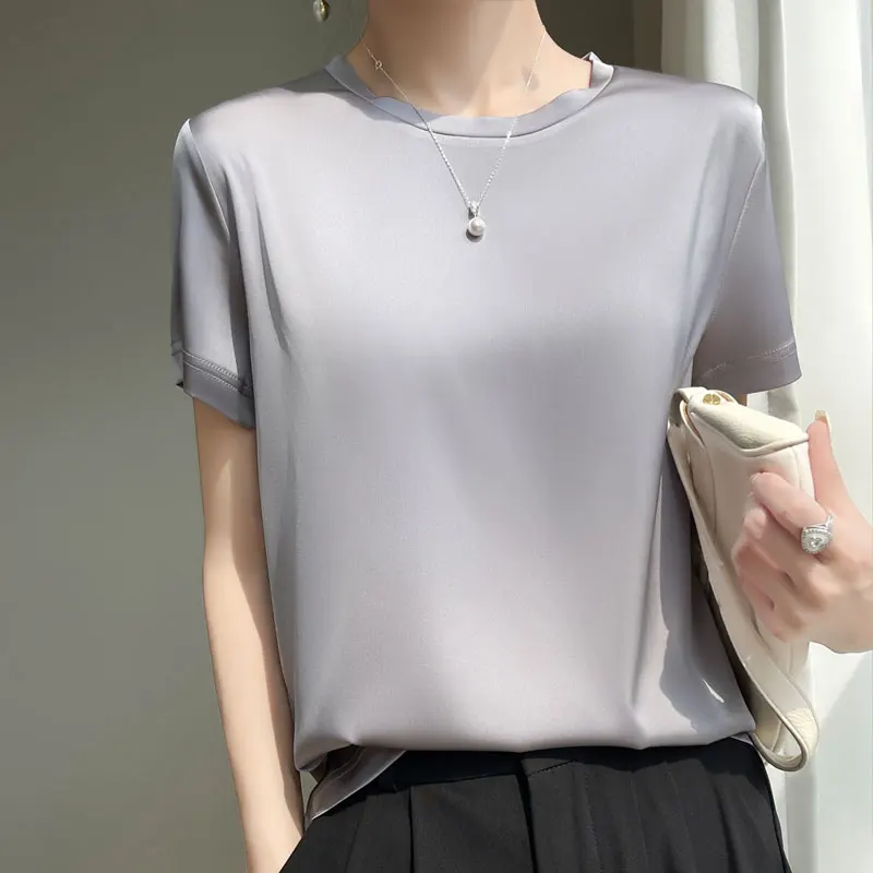 용수철 여성 반팔 티셔츠, 루즈한 아세트산 새틴 배킹과 화이트 이너 코트, 고급스러운 여름