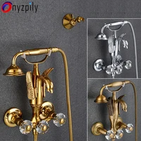 Onyzpily Gold/Antique Brass Washroom Bathtub Faucet Wall Mounted Swan Faucets Dual Handle Control Crystal Grip 1