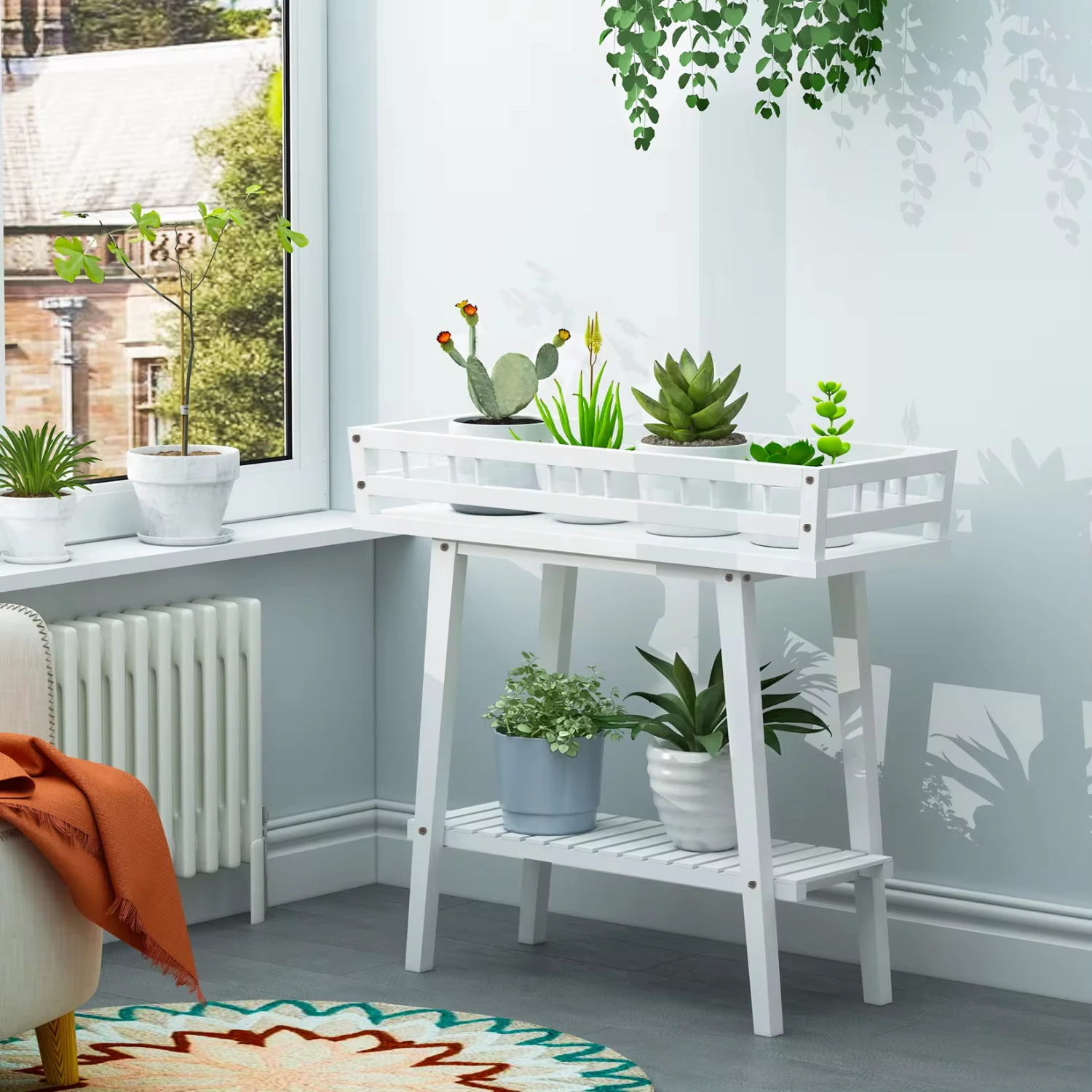 White Plant Shelf Indoor, 2 Tier Tall Plant Stand Table Multiple Plants, Window Table Plants