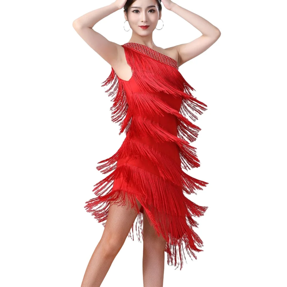 

Women Elegant One Shoulder Latin Dance Dress Adult Sexy Sequins Tassel Rumba Cha Cha Ballroom Dancewear