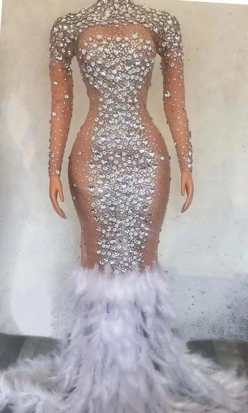 

Sexy Pearls Stones Mirror Dress Mesh Birthday Feather Celebrate Evening Wear Female Singer Show See Through long dress Clothes