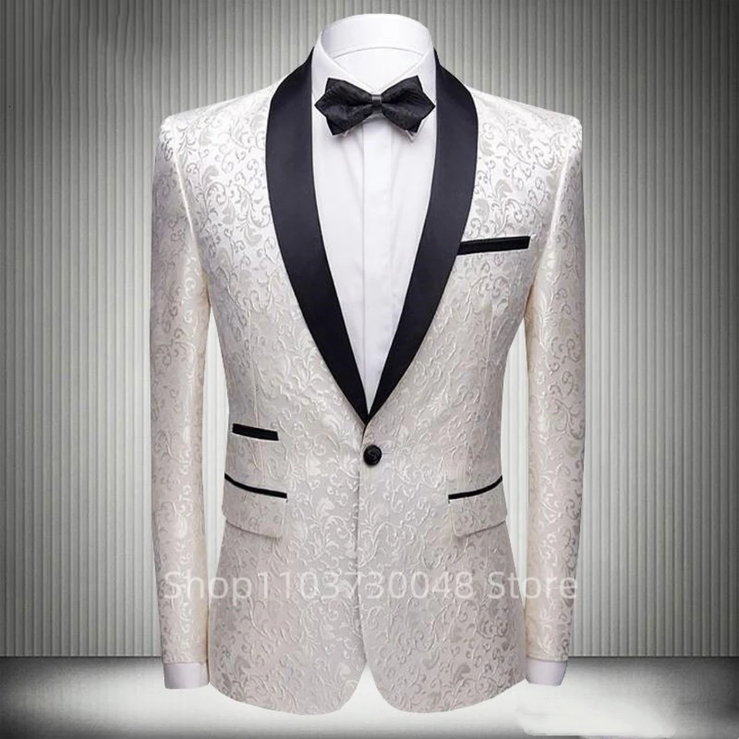 White Jacquard Men's Wedding/Business Blazer Slim Fit 1 Pcs Slim Fit Smoking Jacket Shawl Lapel Italian Style Fashion Suit Coat