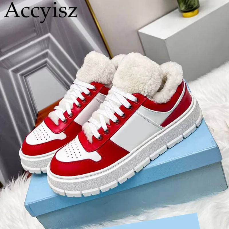 

Winter Flat Thick Heel Small White Shoes Women Real Leather Wool Lining Casual Shoes Outdoor Warm Lace Up Breathable Sneakers