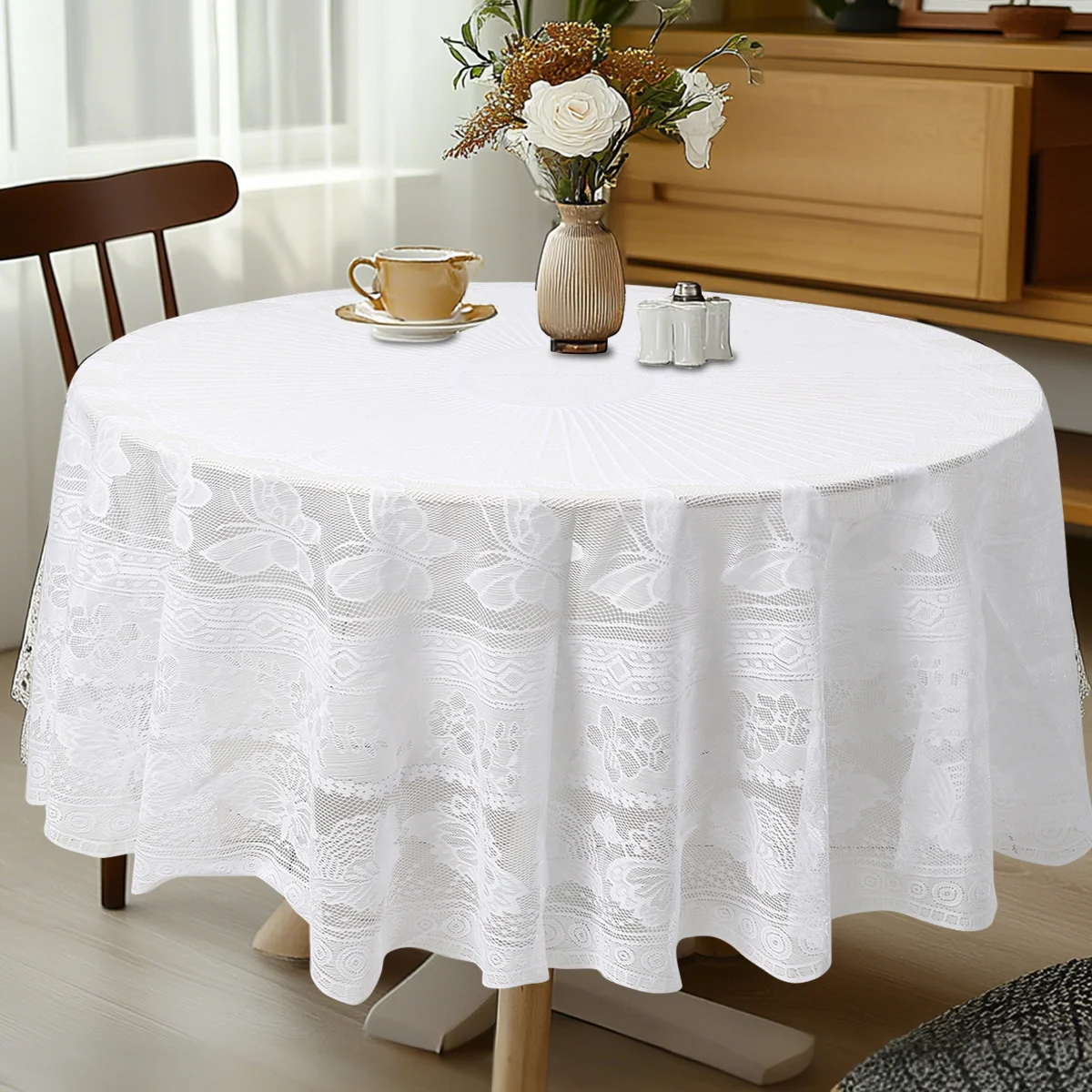 180cm White Butterfly Flower Round Tablecloth Embroidery Cover Wedding Party Events Banquet Hotel Table Cover Dining Table Decor 6