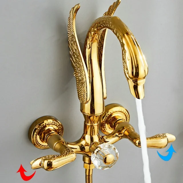 ก๊อกน้ำฝักบัวทองเหลืองรูปหงส์ติดผนัง สำหรับอ่างอาบน้ำและฝักบัว น้ำร้อนน้ำเย็น 6