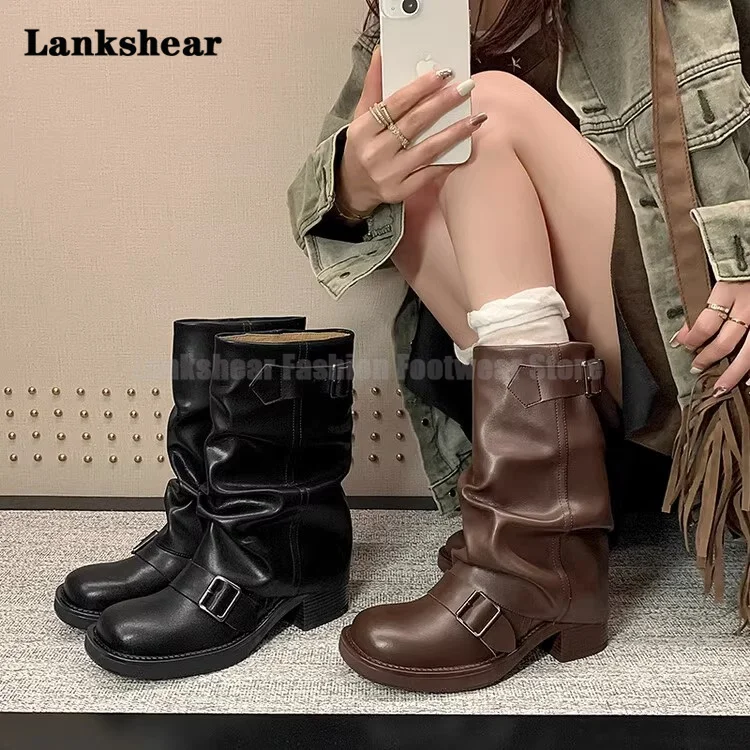 

Retro Brown Pleated Boots for Women Round Toe Cool Belt Buckle Western Cowboy Boots Thick Heel Mid-Leg Trouser Boots for Ladies