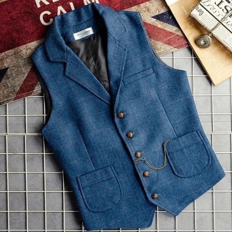 Men Vest Coffee Herringbone With Lapel Formal For Business Wedding Groom Banquet Men Suit Waistcoat 3