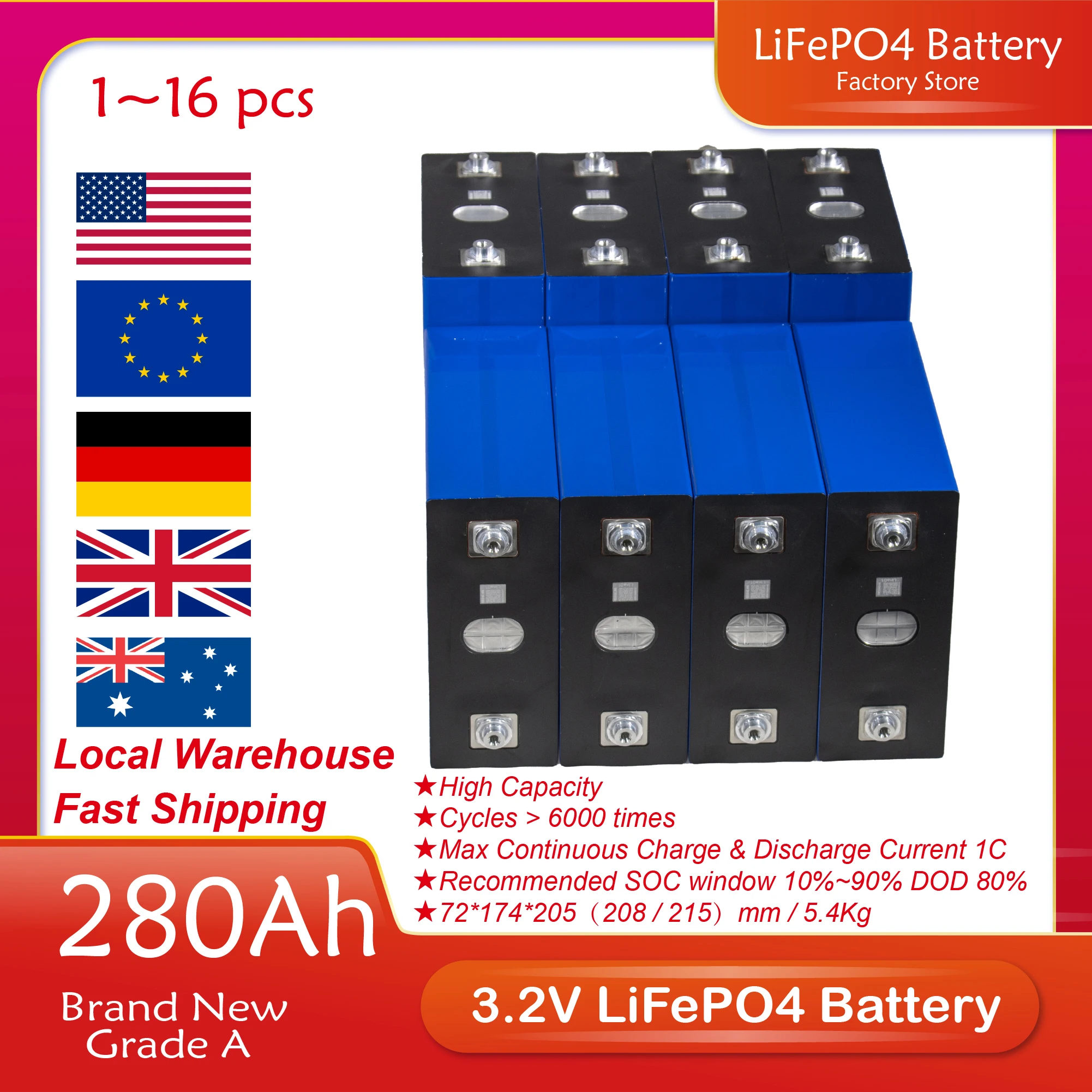 

Lithium Iron Phosphate Battery 280Ah 3.2V DIY 12V 24V 48V for Golf Cart Boats Home Solar Energy Storage
