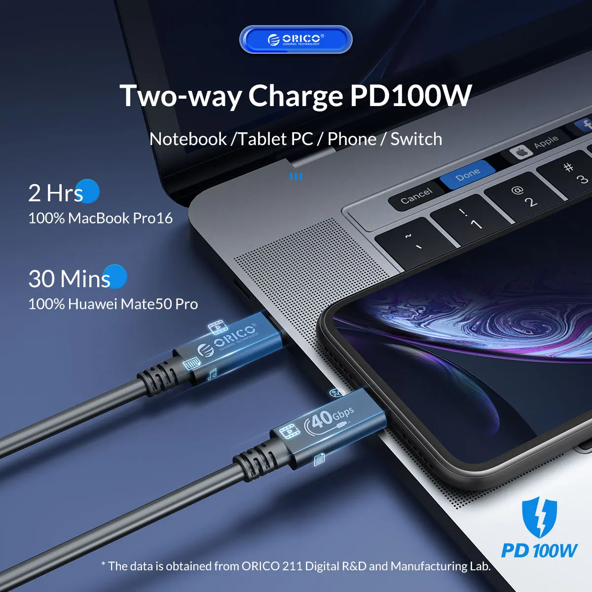 Transferência de Dados Rápida da Carga 40gbps para o Macbook do Thunderbolt de Orico Usb Cabo Usb-if Certificado Usb c Cabo hd 8k @ 60hz Pd100w - Image 3