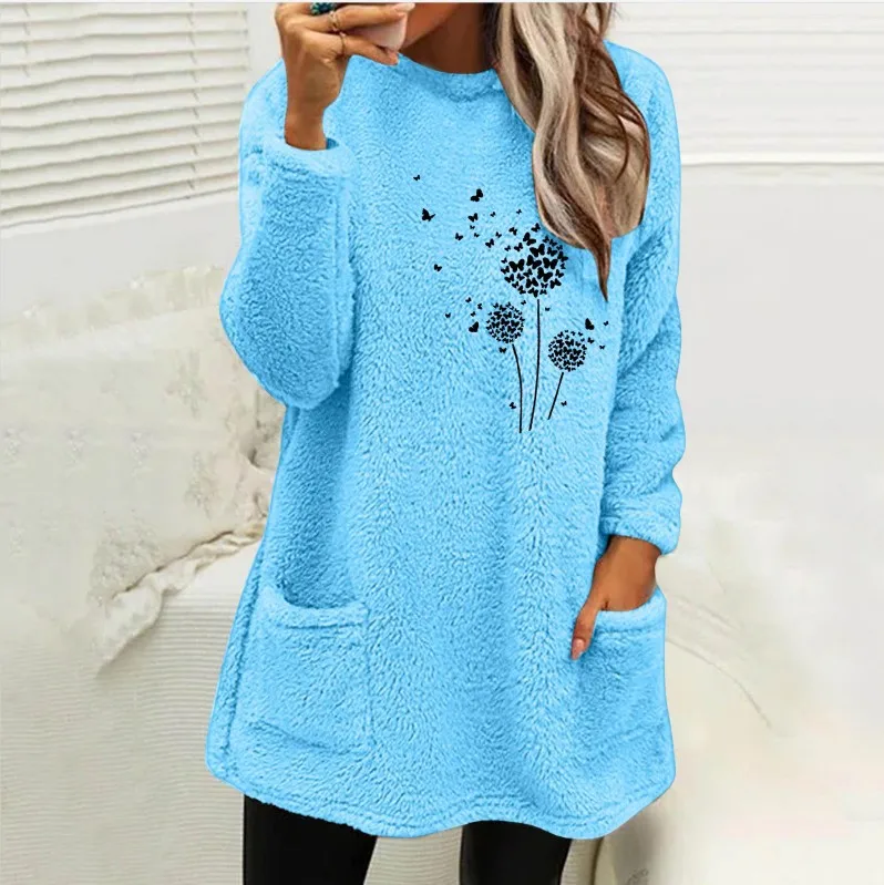 

2023 Autumn/Winter Women's Round Neck Pullover Long Sleeve Pocket Embossed Double sided Velvet Sweater