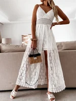 Summer Women Lace Playsuit Dress Sleeveless V Neck Hollow Out Irregular Midi Dress Sexy Elegant Casual Bohemian Dresses - Image 2