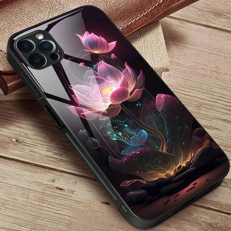 Luxurious Lotus Flower Print Glass Phone Case