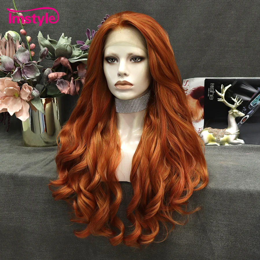 Imstyle Ginger Wig Synthetic Lace Front Wig Orange Mixed Color Long Wavy Heat Resistant Fiber Cosplay Wigs For Women synthetic wig