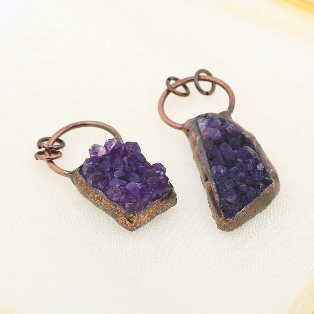 

Retro Large Amethysts Druzy Antique Copper Finish Loop Pendants Freeform Purple Crystal Charms For Women DIY Jewelry Making