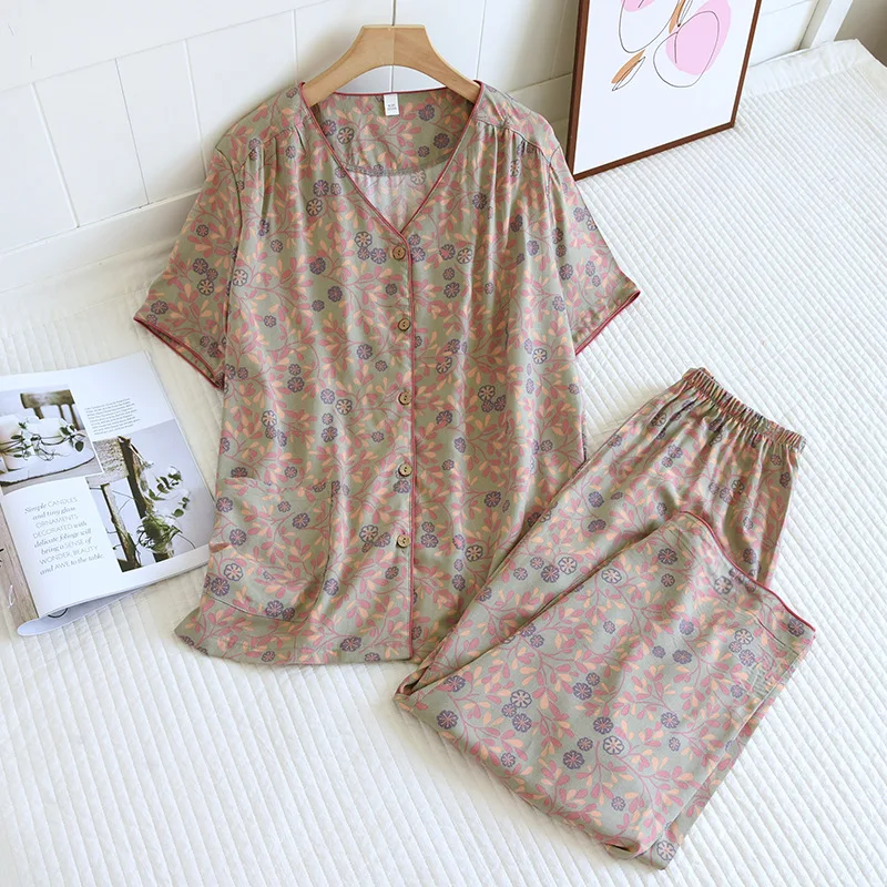 2023 New Spring/Summer Women's Pajama Set Viscous Fiber Ladies Short Sleeves+Capris Two Piece V-Neck Thin Loose Fit Homewear