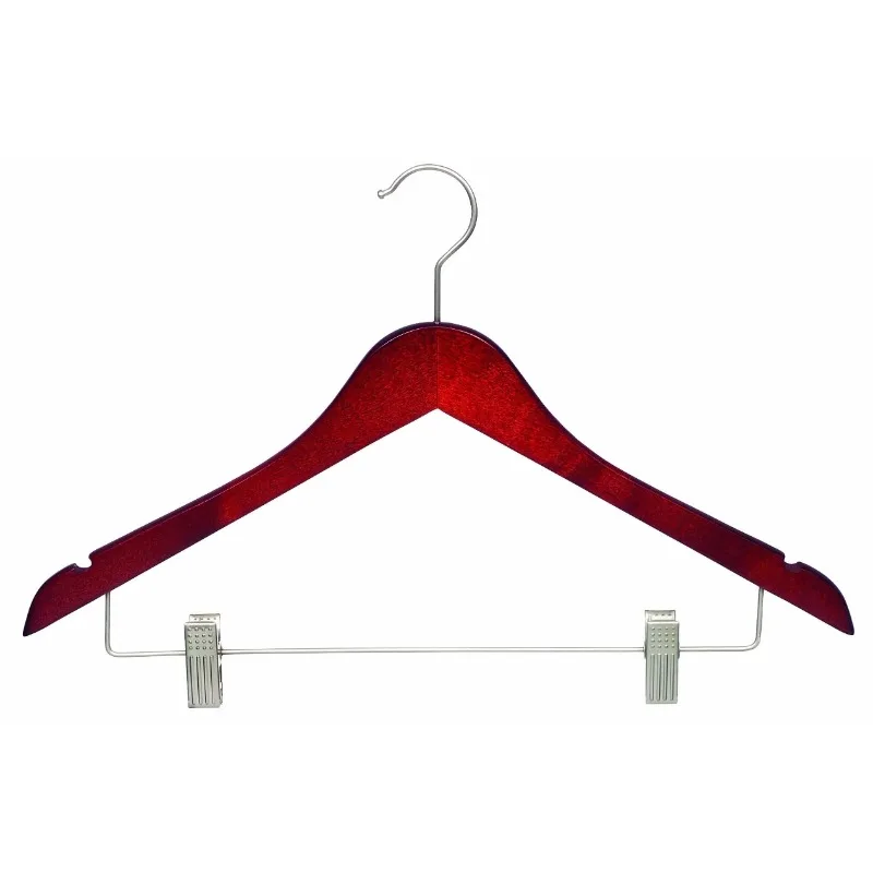 

Wood Combo Hanger w/ Cushion Clips, Box of 50, 17 Inch Flat Wooden Hangers Cherry Finish & Brushed Chrome Hardware & Notches