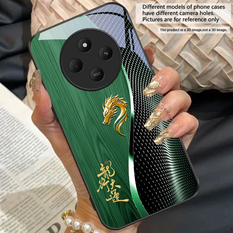 Elegant Black Tempered Glass Phone Case with Traditional Dragon Totem Design