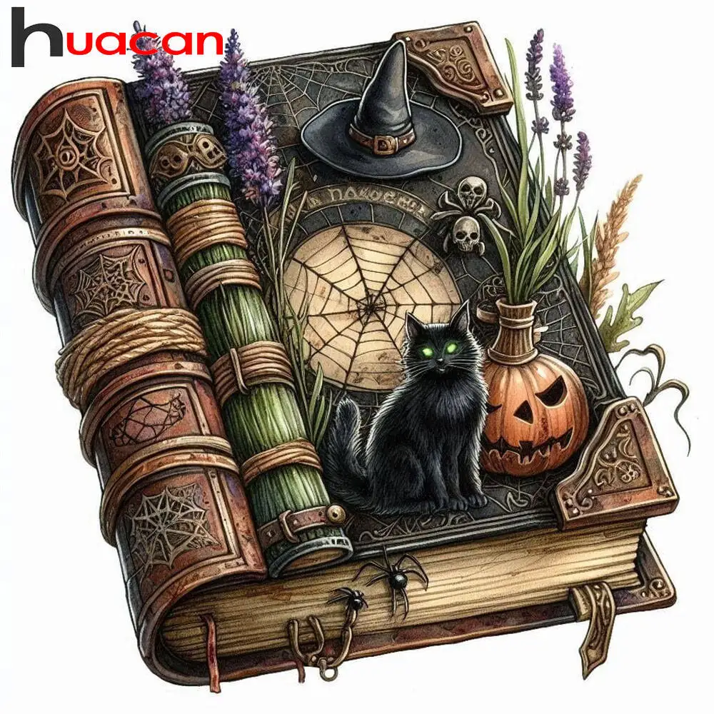 Huacan5DDiamondPaintingMagicHalloweenBookDIYFullDrillMosaicPaintingCatPumpkinFlowerRhinestonePictures-AliExpress15