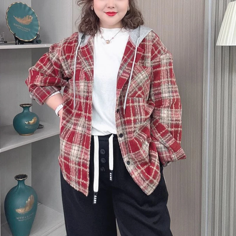 Plus Size Women's Brushed Plaid Hooded Jacket Retro Loose-Fit Spring/Autumn Casual Shirt Oversized Chic Outerwear