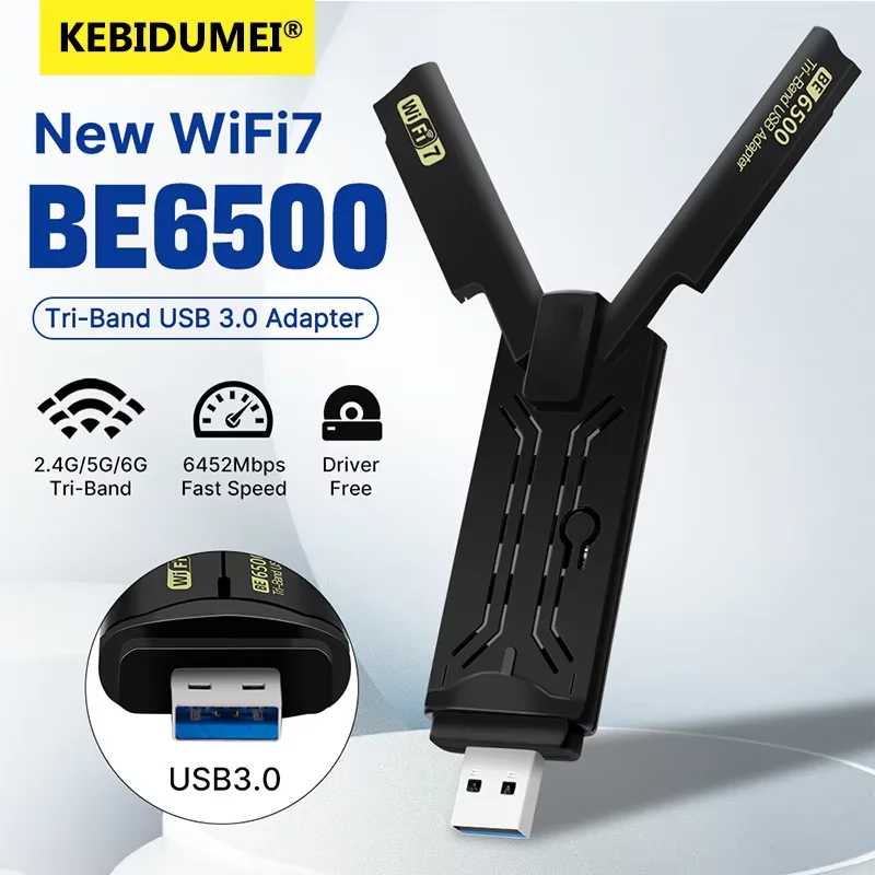 WiFi 7 이더넷 어댑터 6500Mbps USB 3.0 무선 네트워크 카드 트리플 밴드 수신기 PC/노트북용 윈도우 10/11 드라이버 프리