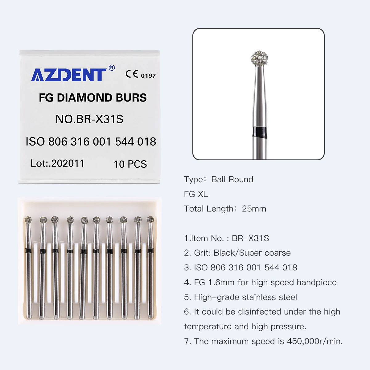 AZDENT 10 Stück/Box Dental-Diamantbohrer FG 1,6 mm Bohrkugel, runde grobe Körnung für Hochgeschwindigkeitshandstück, Zahnmedizin-Instrument – Detail 9