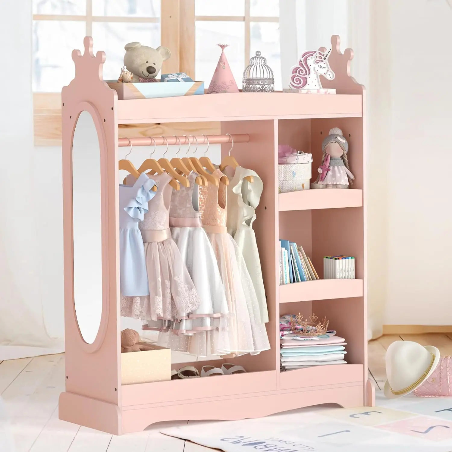 Dress up Storage with Mirror, Kids Wardrobe with 3 Hooks, Kids Closet for Girls Boys, Armoire Costume Organizer for Be
