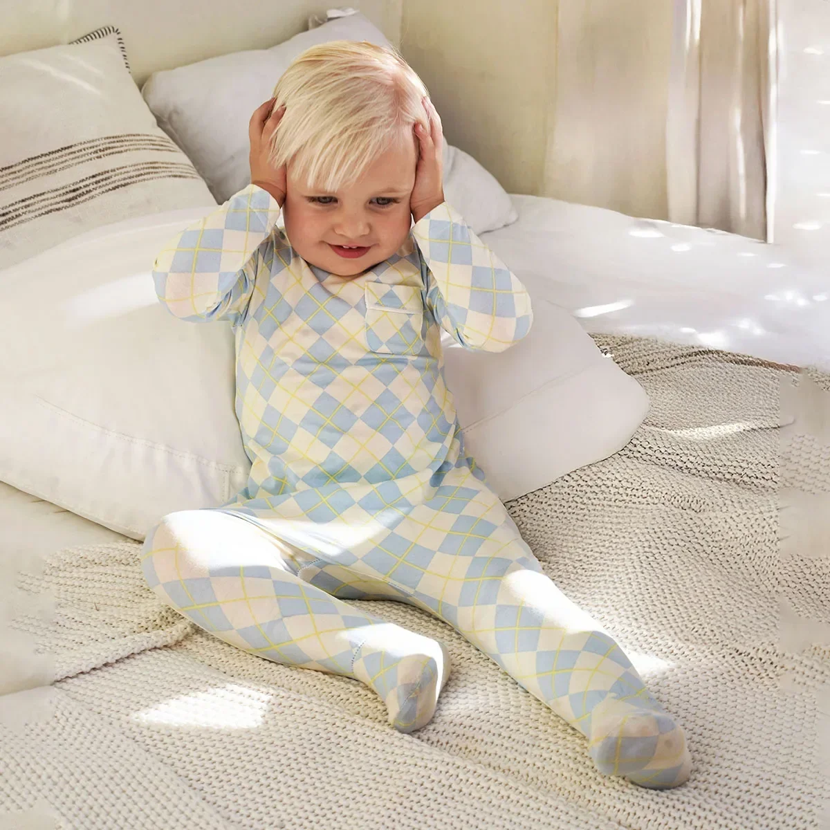 AP 2025 spring summer argyle plaid soft dress set footie pjs family matching clothing 5