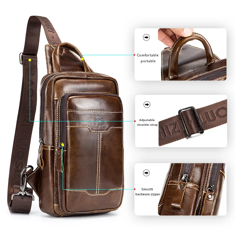 Cowhide Chest Bag Men's First Layer Cowhide Retro Leather Fashion Men's Chest Bag Brown Single Shoulder Hand Crossbody Bag