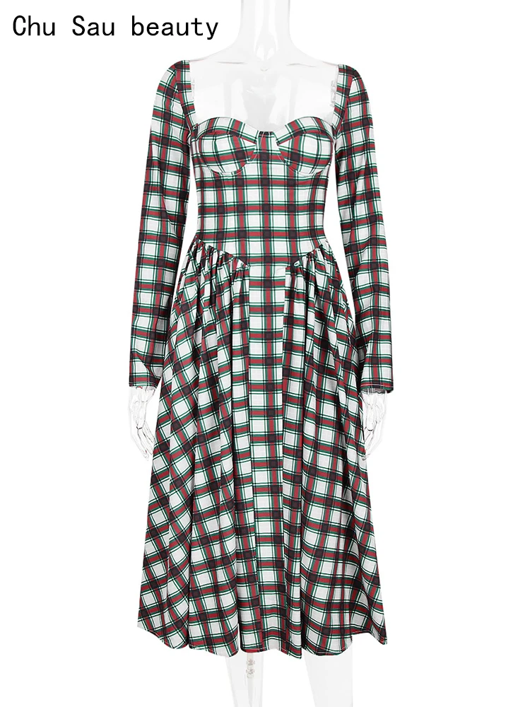

Женское приталенное клетчатое платье миди, винтажное повседневное шикарное платье с квадратным вырезом и длинным рукавом, лето 2024