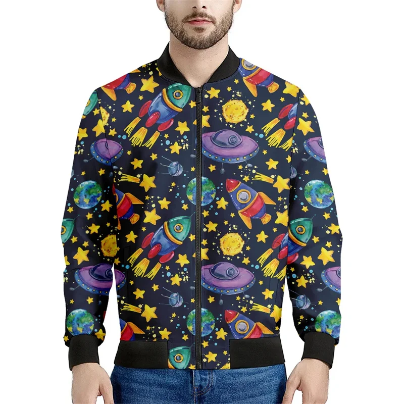thumbnail image 1 of Chaqueta con estampado de cohetes de dibujos animados para hombres y mujeres, abrigo con estampado 3D brillante, chaqueta informal de gran tamaño estilo Harajuku con cremallera para niños, mangas larg, 1 of 4