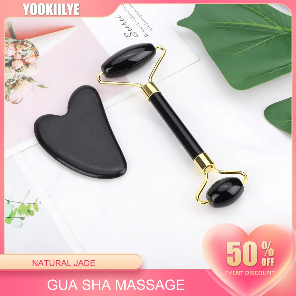 Jade Roller Face Lift Gua Sha Massage Set Obsidian Facial Massage Black Natural Stone Roller Anti Wrinkle Beauty Skin Care Tools tumbeelluwa engraved stone black stone polished stone tumbled stone mom dad i love you