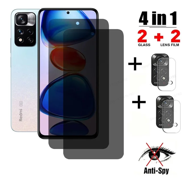 【4 piezas】Película de protección de privacidad Xiaomi Redmi Note 11 Pro 5G,  【2 vidrios + 2 protectores de cámara】Película de privacidad de vidrio